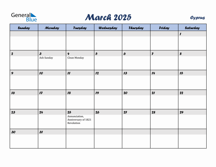 March 2025 Calendar with Holidays in Cyprus