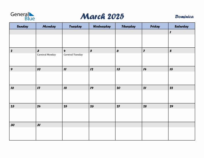March 2025 Calendar with Holidays in Dominica