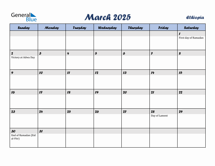 March 2025 Calendar with Holidays in Ethiopia