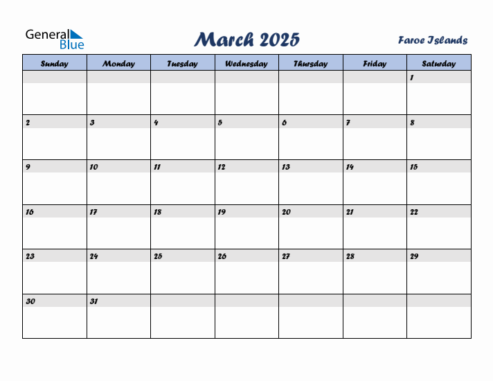 March 2025 Calendar with Holidays in Faroe Islands