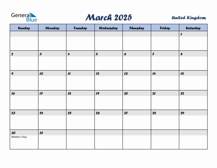 March 2025 Monthly Calendar with United Kingdom Holidays