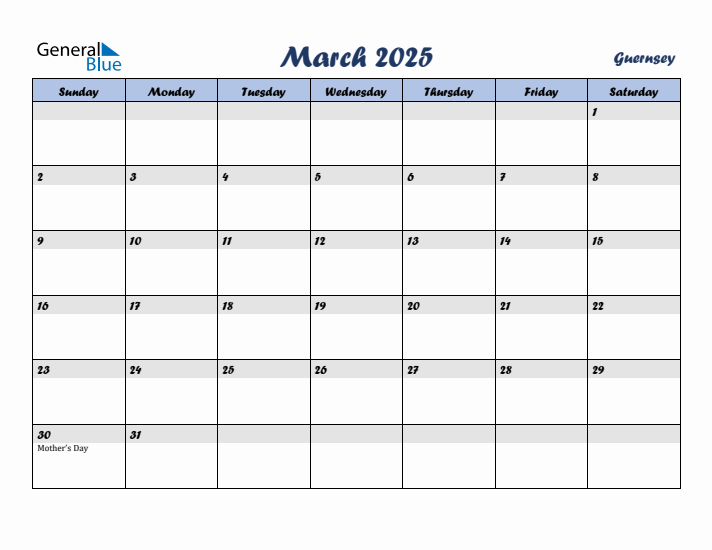 March 2025 Calendar with Holidays in Guernsey
