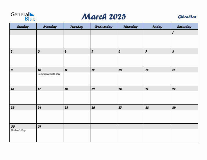 March 2025 Calendar with Holidays in Gibraltar
