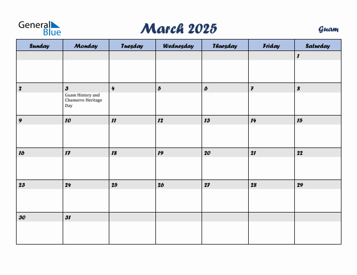 March 2025 Calendar with Holidays in Guam