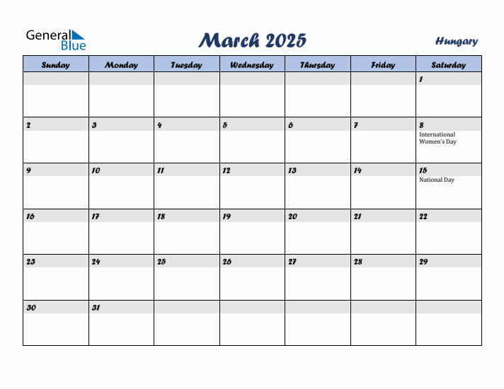 March 2025 Calendar with Holidays in Hungary