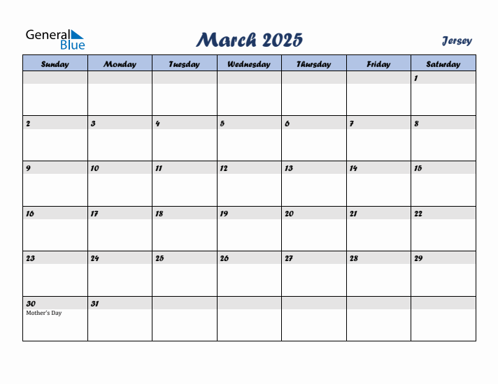 March 2025 Calendar with Holidays in Jersey