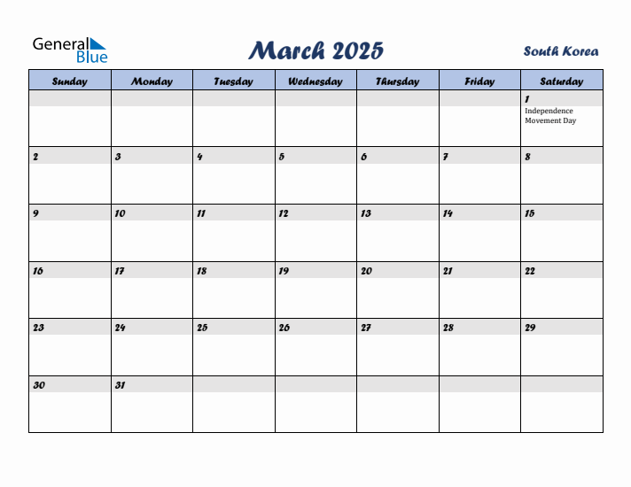 March 2025 Calendar with Holidays in South Korea