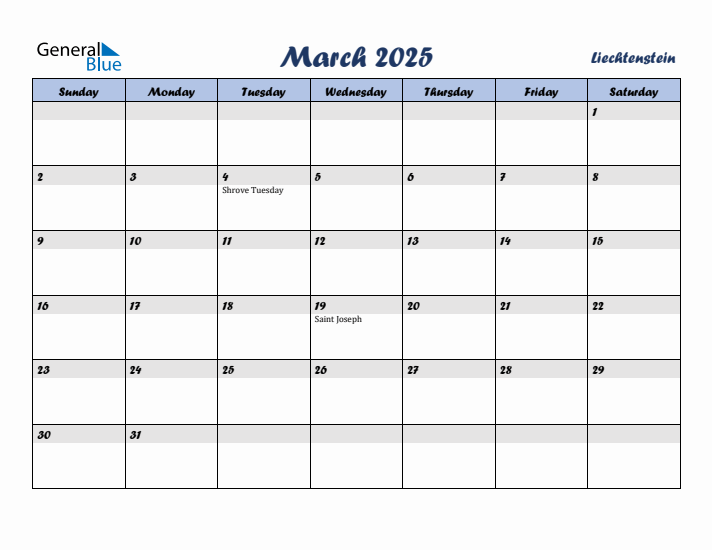 March 2025 Calendar with Holidays in Liechtenstein