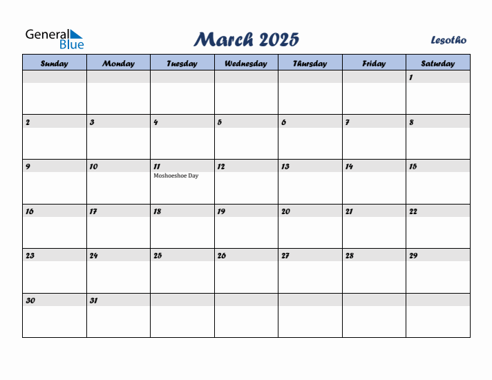 March 2025 Calendar with Holidays in Lesotho