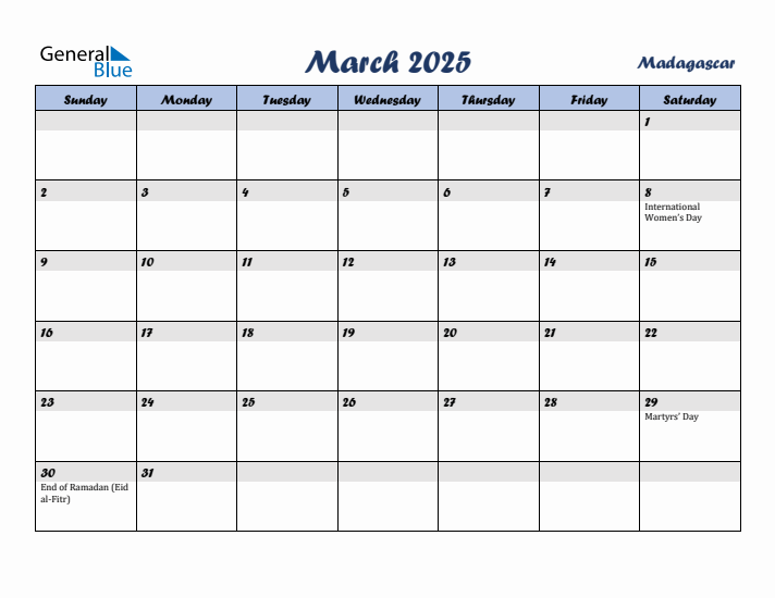 March 2025 Monthly Calendar Template with Holidays for Madagascar