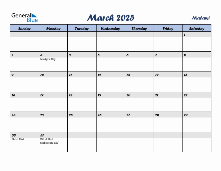March 2025 Calendar with Holidays in Malawi