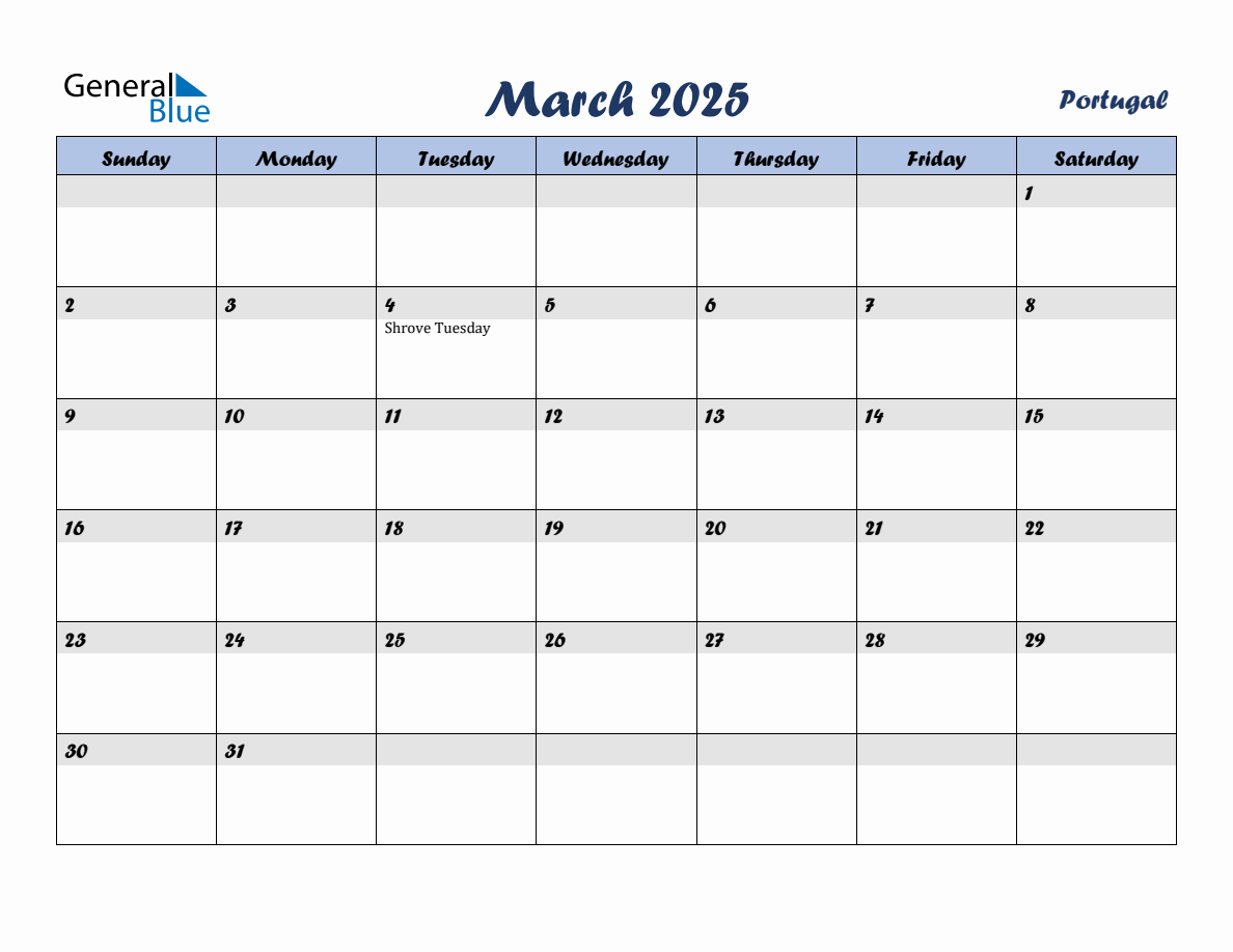 March 2025 Monthly Calendar Template with Holidays for Portugal