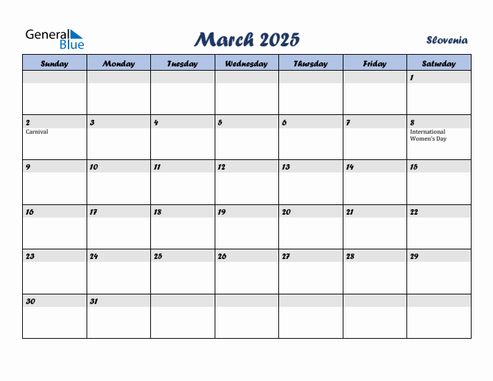 March 2025 Calendar with Holidays in Slovenia