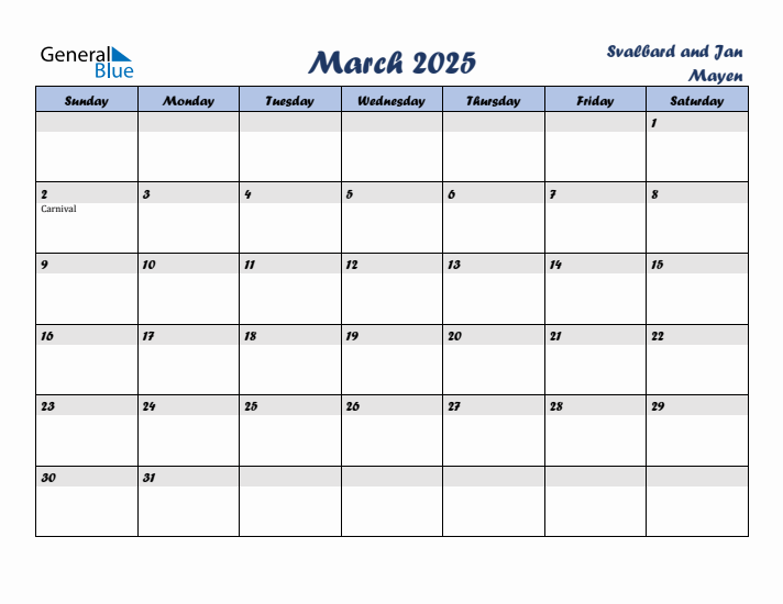 March 2025 Calendar with Holidays in Svalbard and Jan Mayen