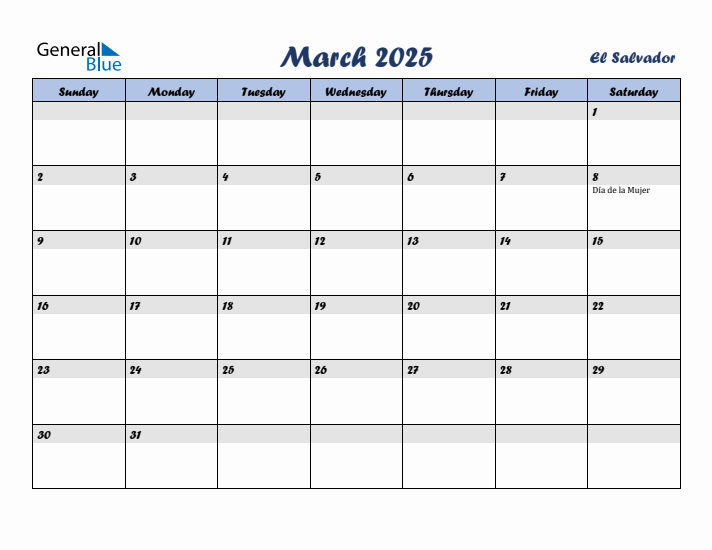 March 2025 Calendar with Holidays in El Salvador