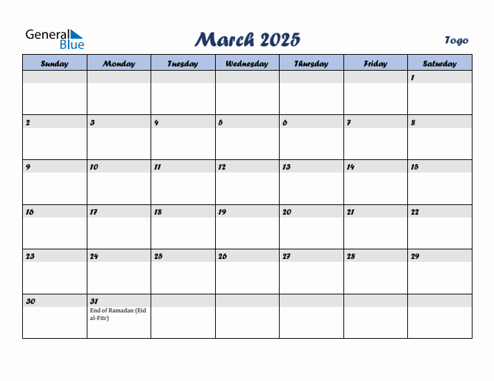 March 2025 Calendar with Holidays in Togo