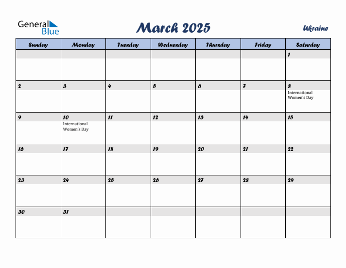 March 2025 Calendar with Holidays in Ukraine