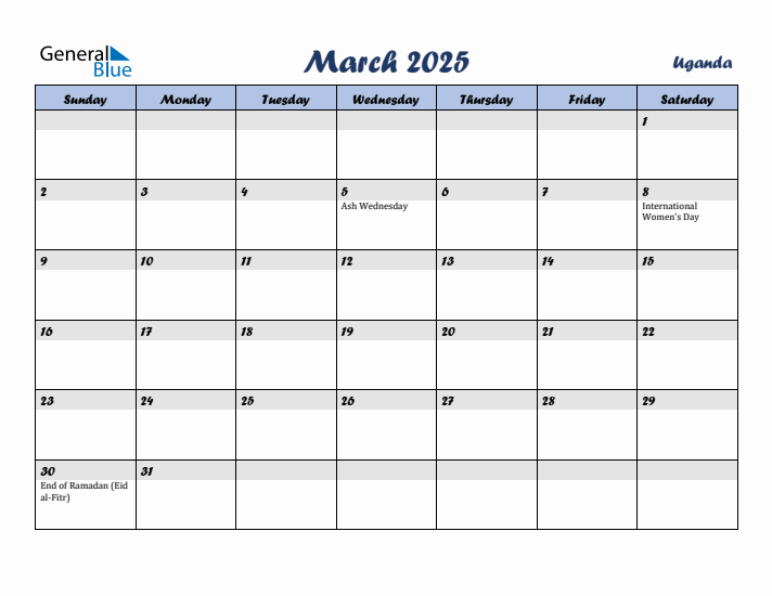 March 2025 Calendar with Holidays in Uganda