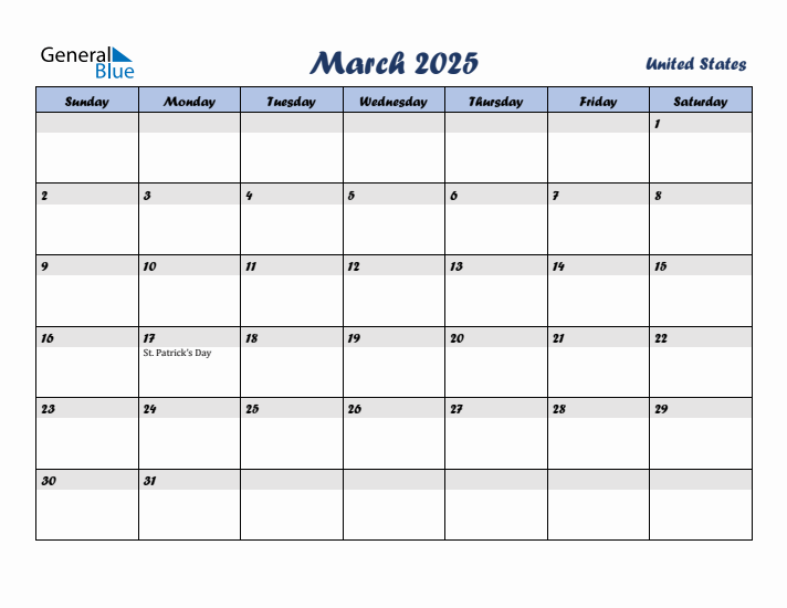 March 2025 Calendar with Holidays in United States