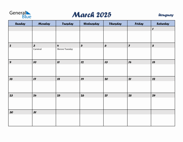 March 2025 Calendar with Holidays in Uruguay