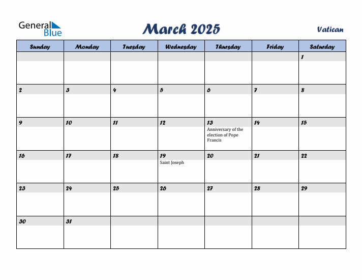 March 2025 Calendar with Holidays in Vatican