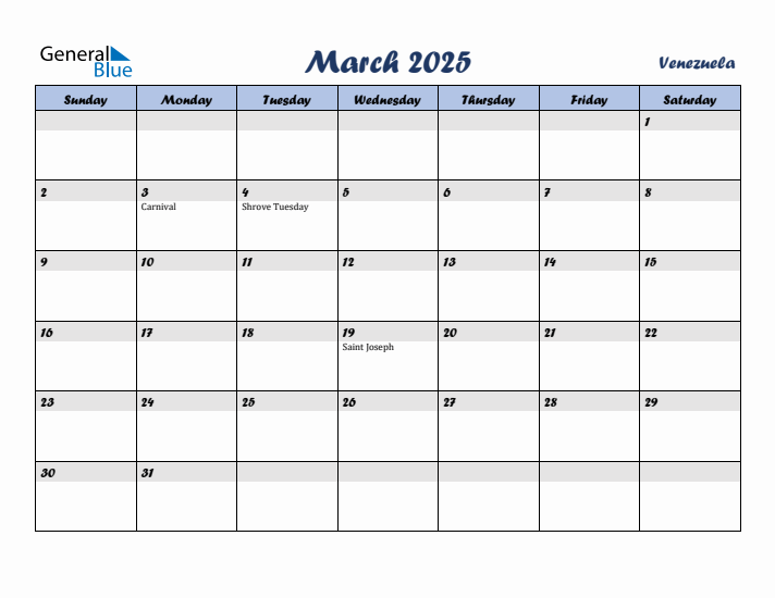 March 2025 Calendar with Holidays in Venezuela
