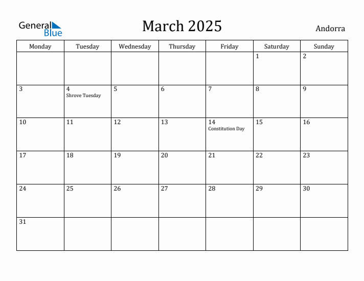 March 2025 Calendar Andorra