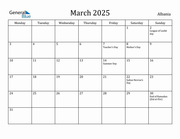 March 2025 Calendar Albania