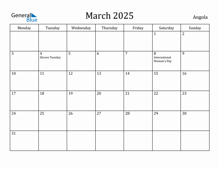March 2025 Calendar Angola