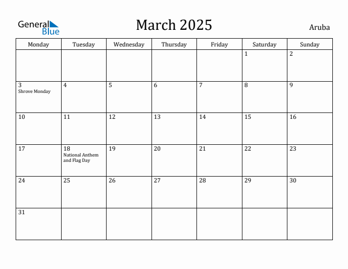 March 2025 Calendar Aruba