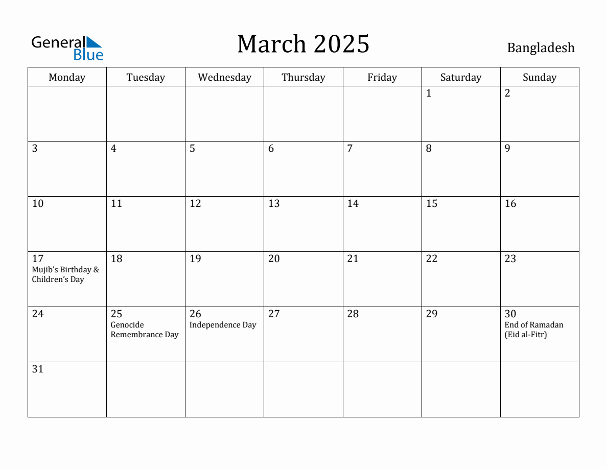 March 2025 - Bangladesh Monthly Calendar with Holidays