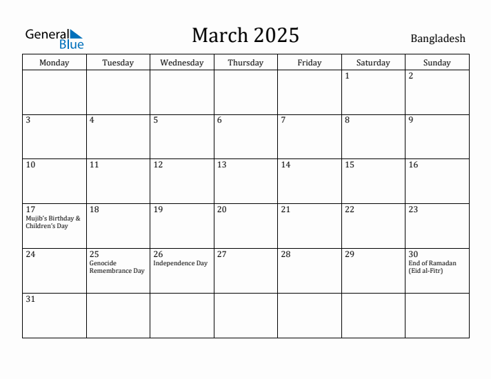 March 2025 Calendar Bangladesh