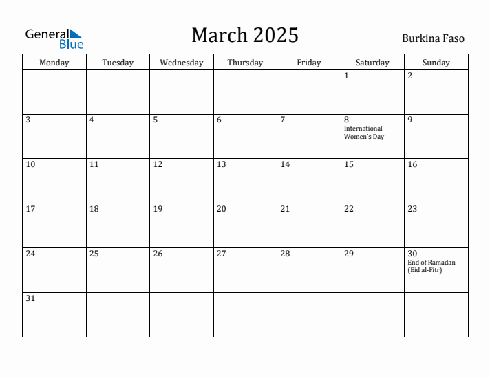 March 2025 Calendar Burkina Faso
