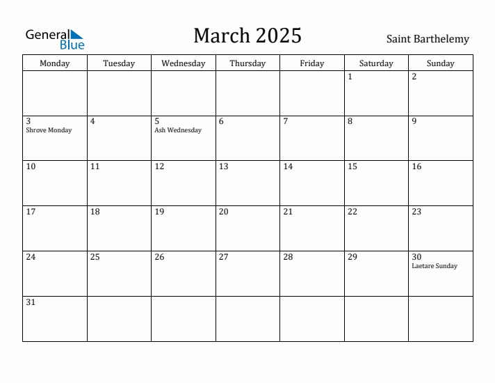 March 2025 Calendar Saint Barthelemy