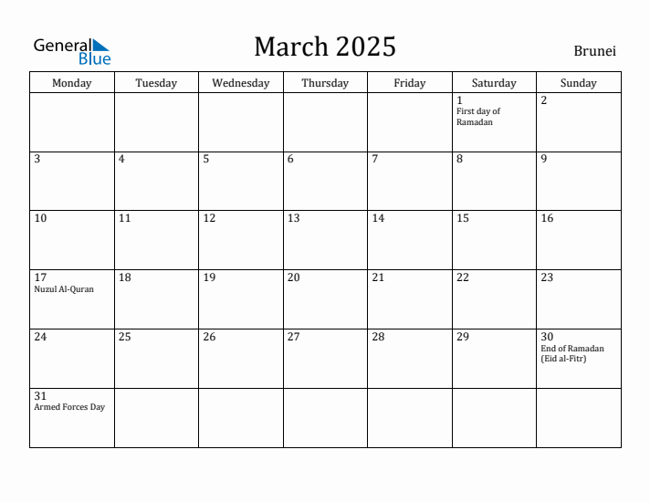 March 2025 Calendar Brunei