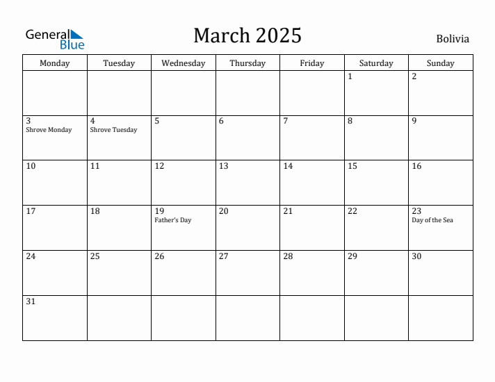 March 2025 Calendar Bolivia