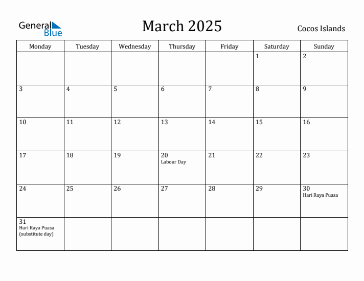March 2025 Calendar Cocos Islands