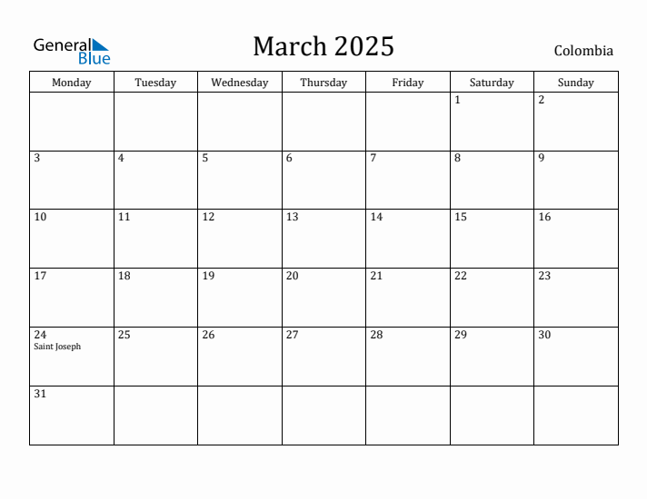 March 2025 Calendar Colombia