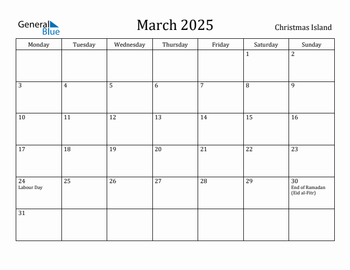March 2025 Calendar Christmas Island