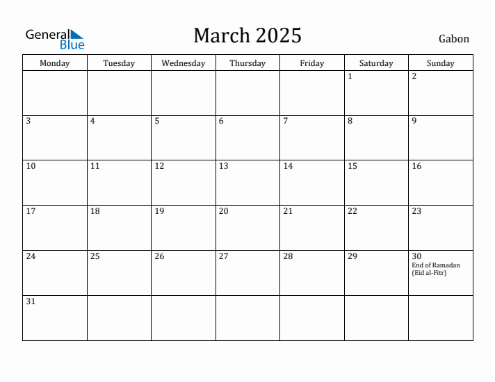 March 2025 Calendar Gabon