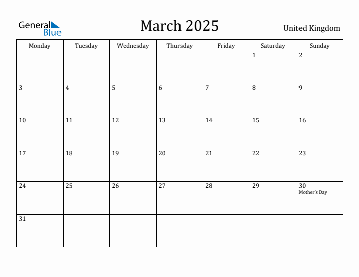 March 2025 United Kingdom Monthly Calendar with Holidays