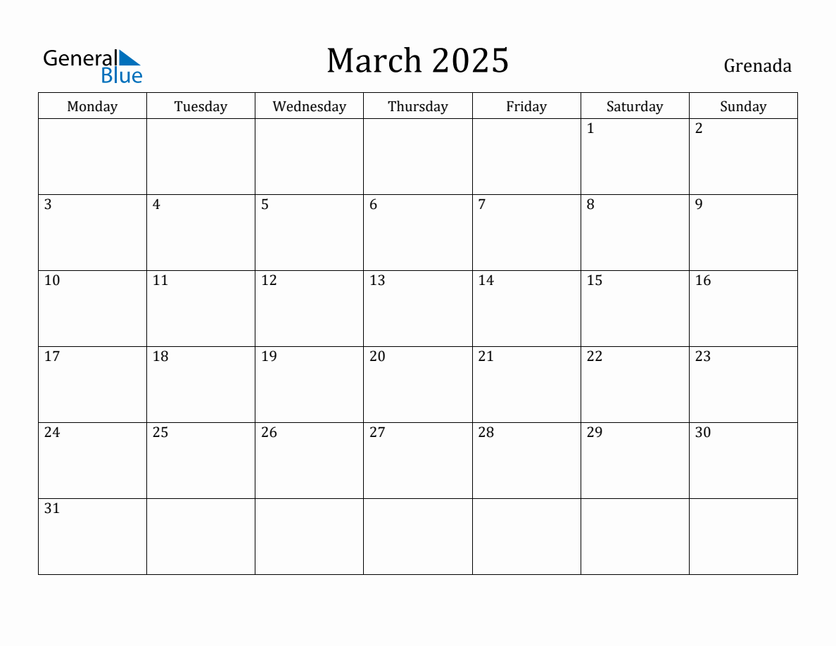 March 2025 Monthly Calendar with Grenada Holidays