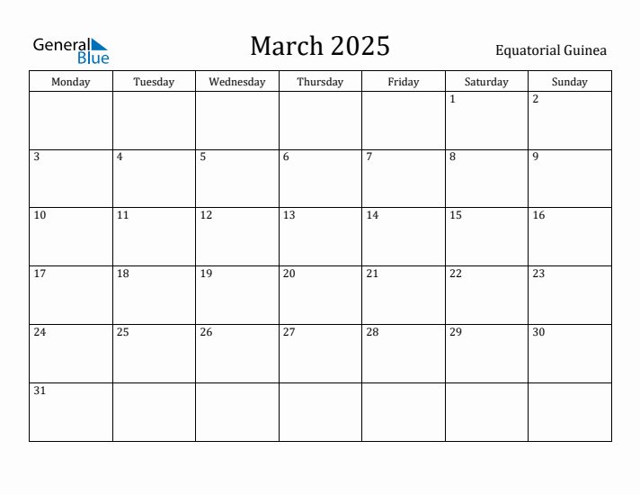 March 2025 Calendar Equatorial Guinea