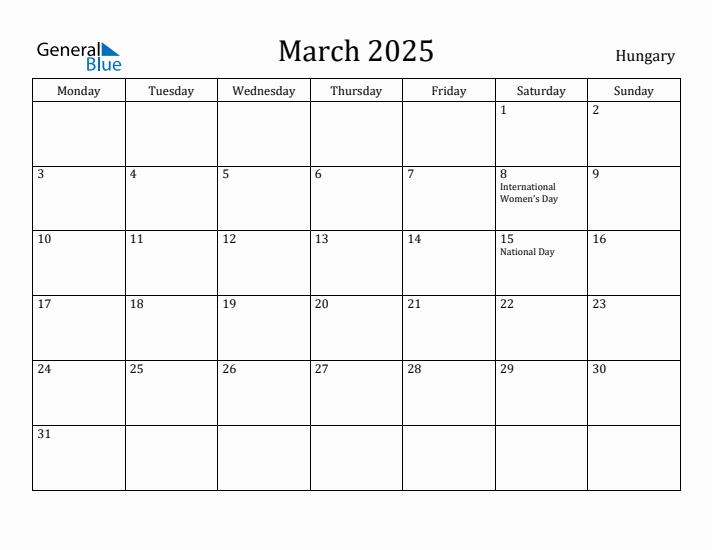 March 2025 Hungary Monthly Calendar with Holidays