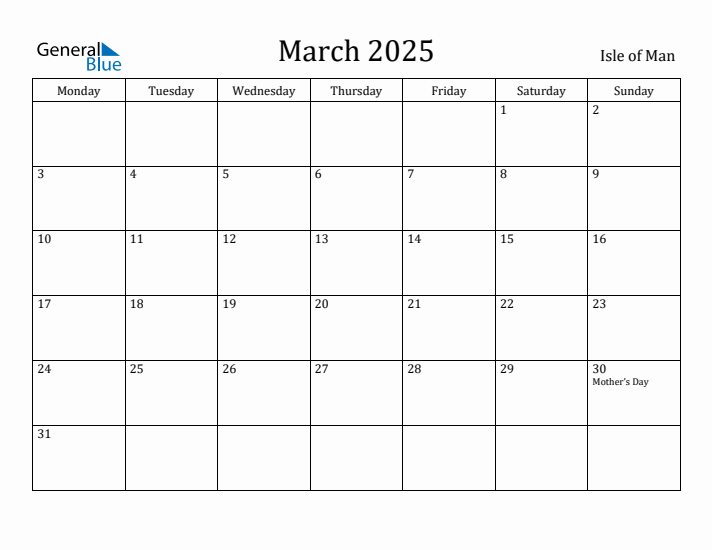March 2025 Isle of Man Monthly Calendar with Holidays