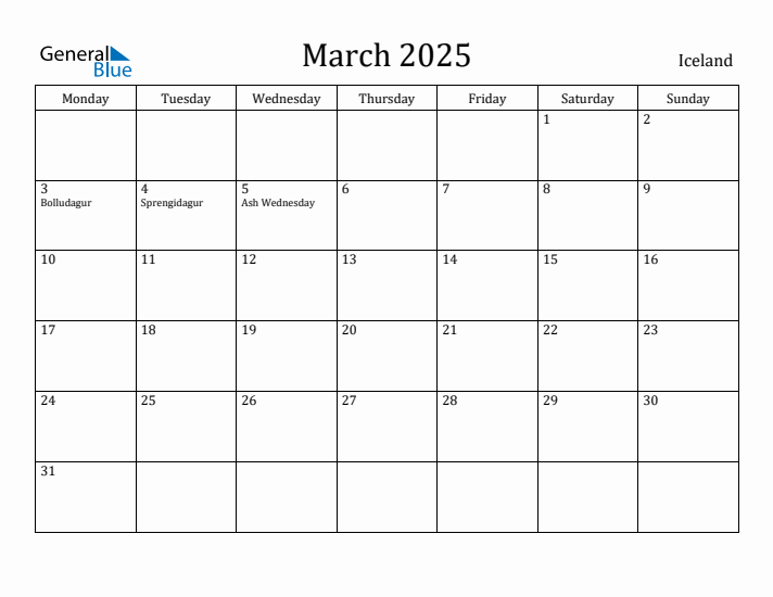 March 2025 Calendar Iceland