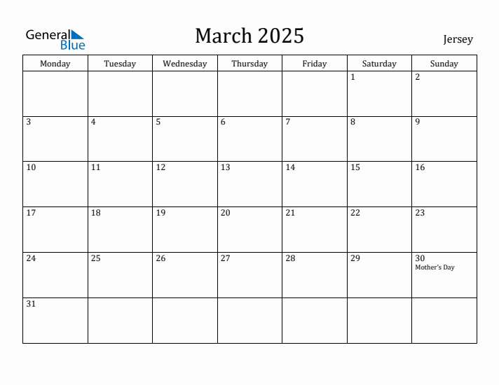 March 2025 Calendar Jersey