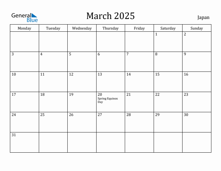 March 2025 Japan Monthly Calendar with Holidays