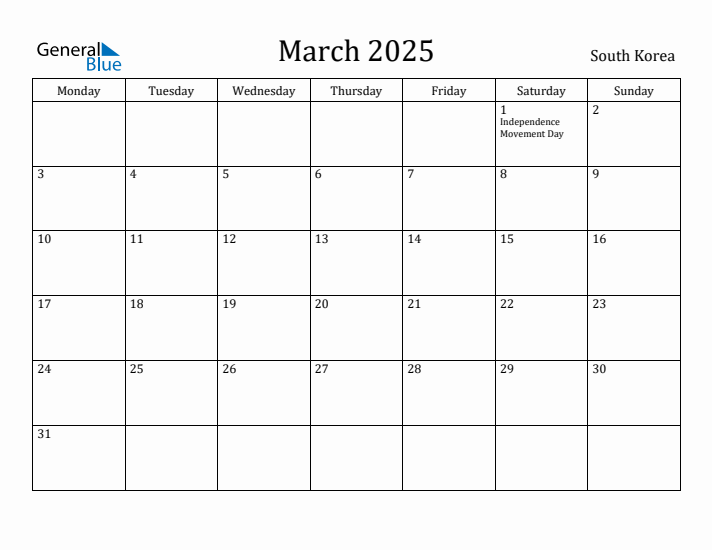 March 2025 Calendar South Korea