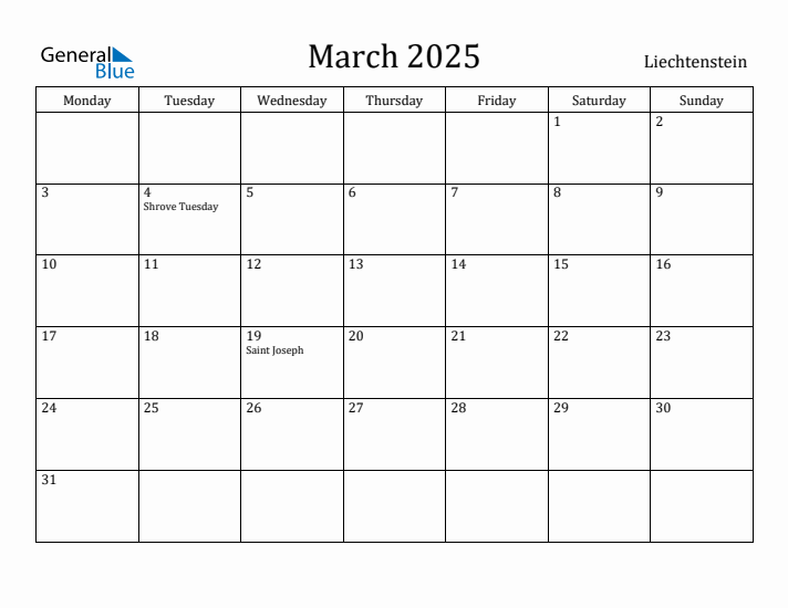 March 2025 Calendar Liechtenstein